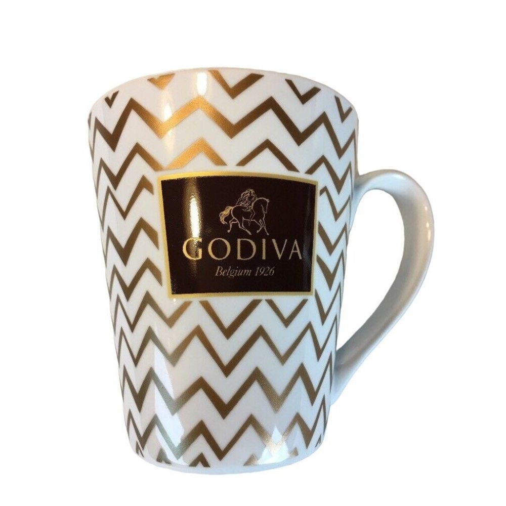 Godiva Mug Belgium 1926 Logo Tea Coffee Cup Gold Chevron Chocolate Lovers Gift u